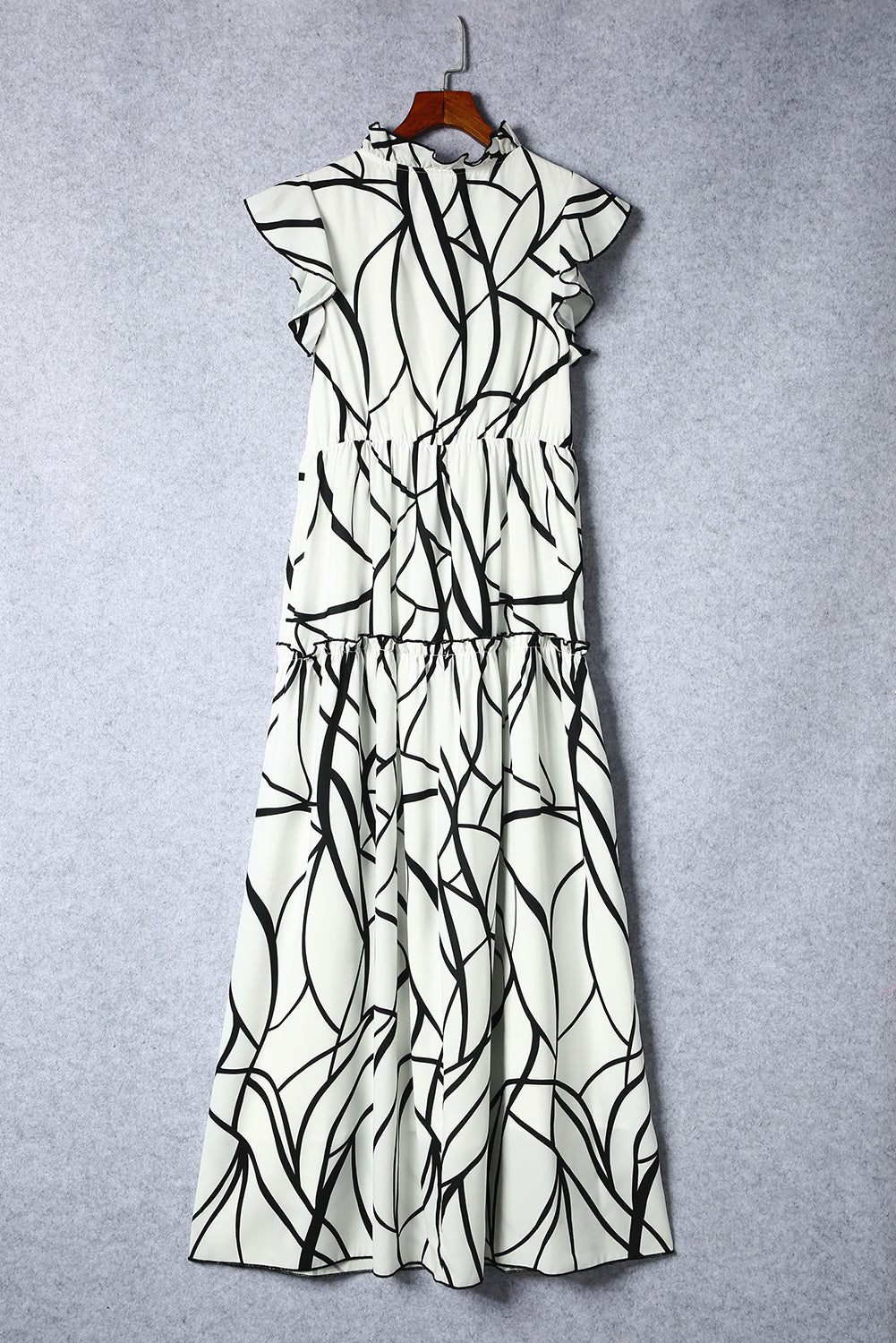 White Abstract Vein Print V Neck Ruffle Maxi Dress