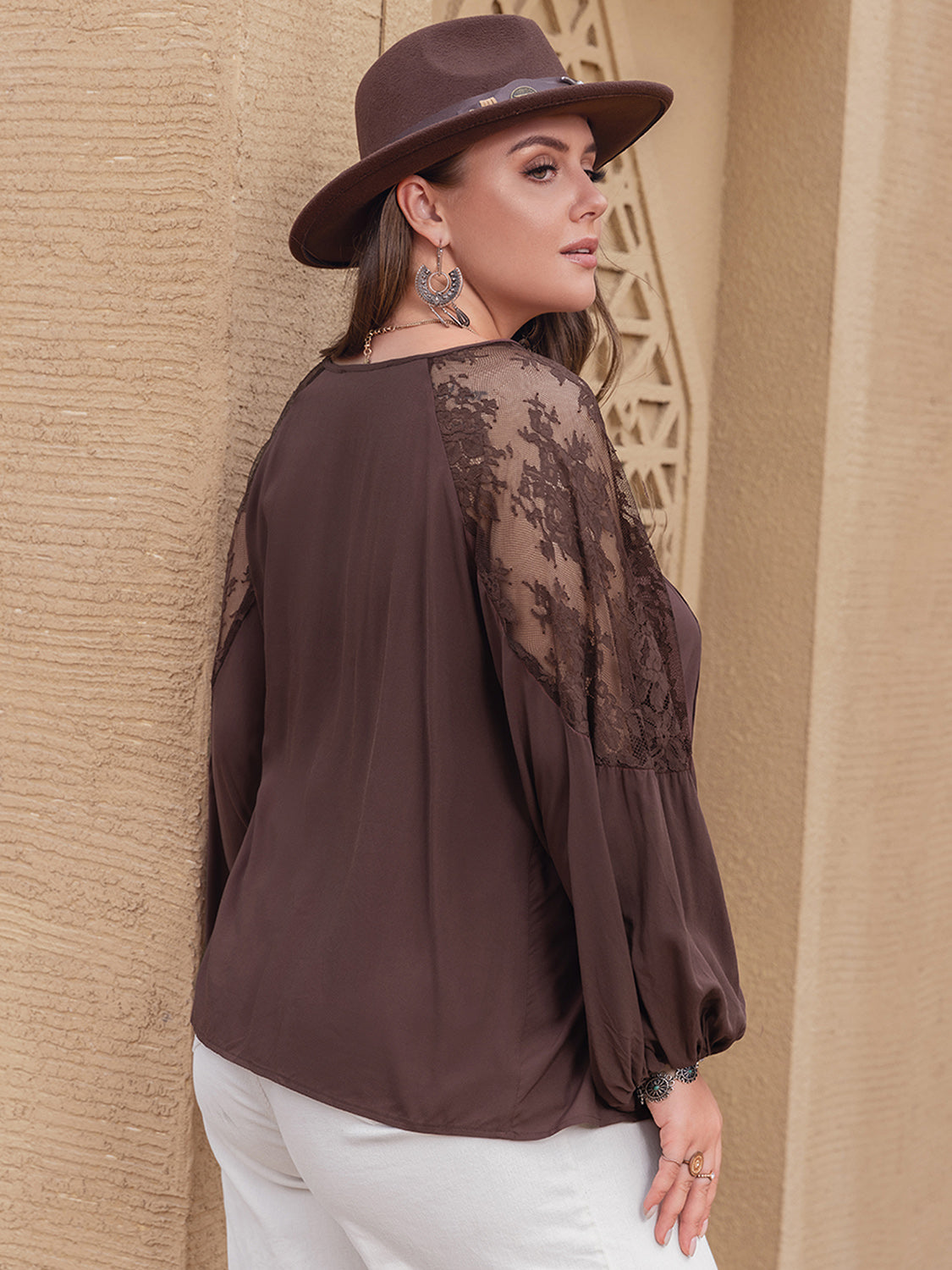 Plus Size Lace Detail Tie Neck Long Sleeve Blouse