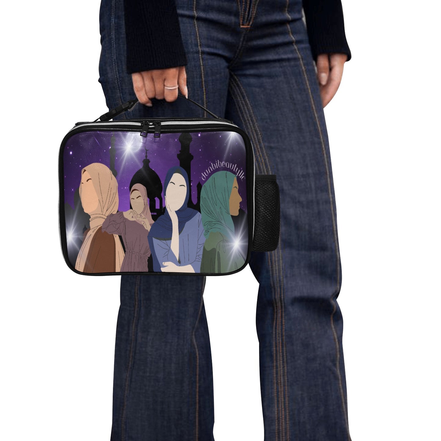 PU Leather Lunch Bag Muslim Women, Arabian Moonlit Night, Evening, Friendship (Designed by Dunbi)