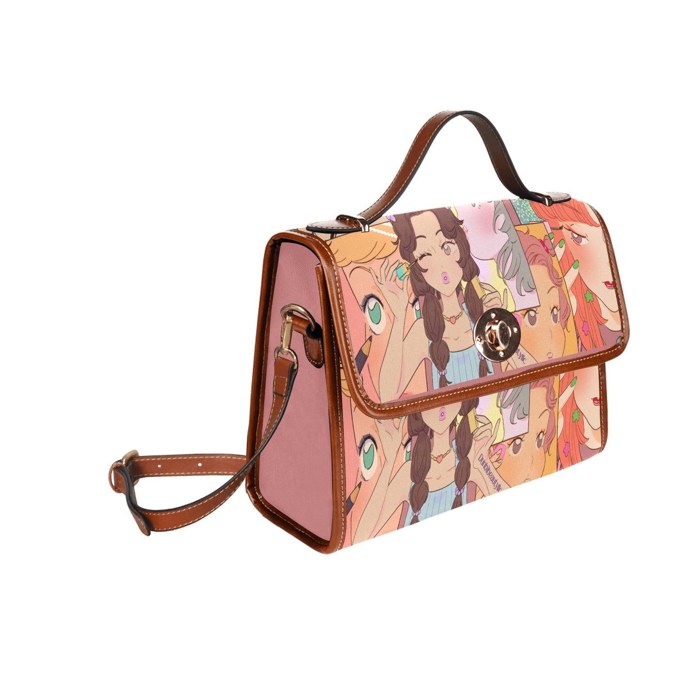 Waterproof Canvas Bag-Brown (All Over Print) (1641) Kawaii, Anime, Japanese, Girl, Makeup, Beauty, Fun, Sleepover, Feminine, Fun, Cute (Designed by Dunbi)