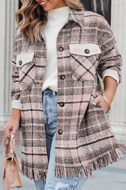 Pink Plus Size Macrame Plaid Coat