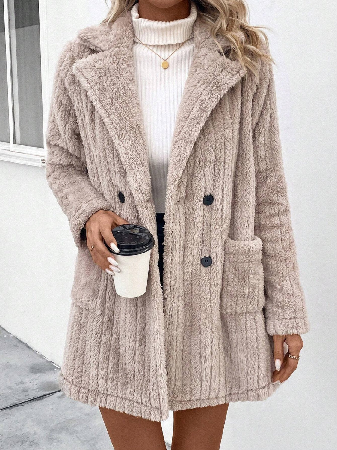 Fuzzy Button Up Long Sleeve Coat with Pockets