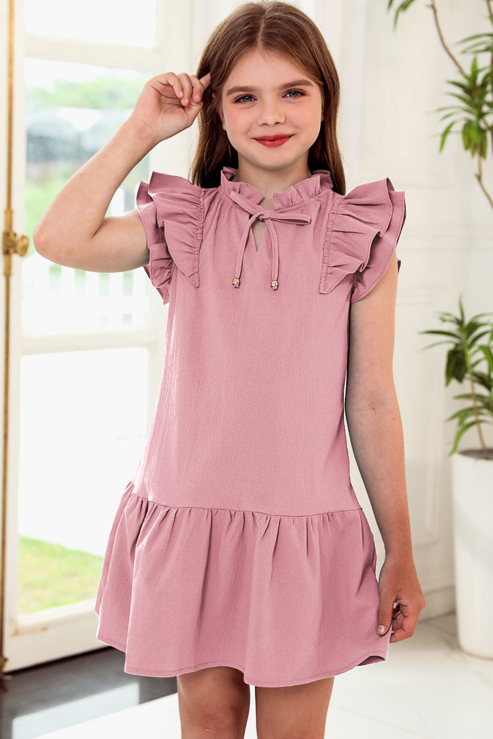 Tie Neck Flutter Sleeve Dress