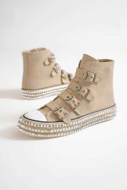 Beast Fashion Multi-Buckle Straps Studded Platform Sneakers