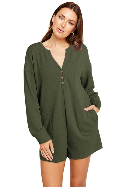 Khaki Casual Henley Button V Neck Pocketed Romper