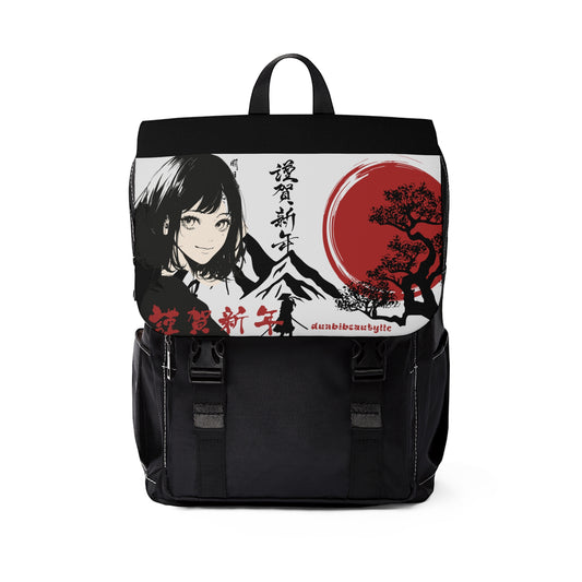 Unisex Casual Shoulder Backpack Japan, Japanese, Red, Samurai, Pretty Girl, Tiger, Kanji, Mountains (Designed by Dunbi)