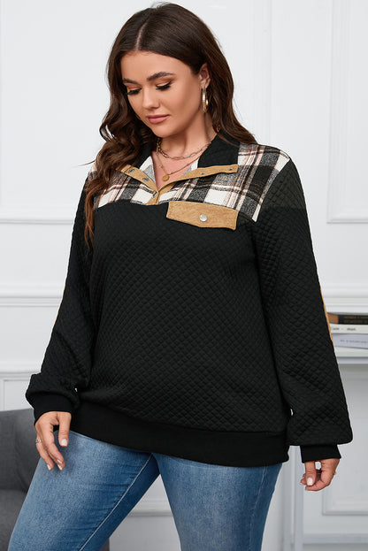 Black Plus Size Quilted Plaid Patch Henley Sweatshirt