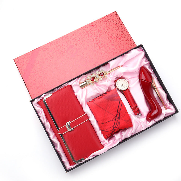 Fashion Long Wallet Scarf High Heels Perfume Quartz Watch and Hairpin Set