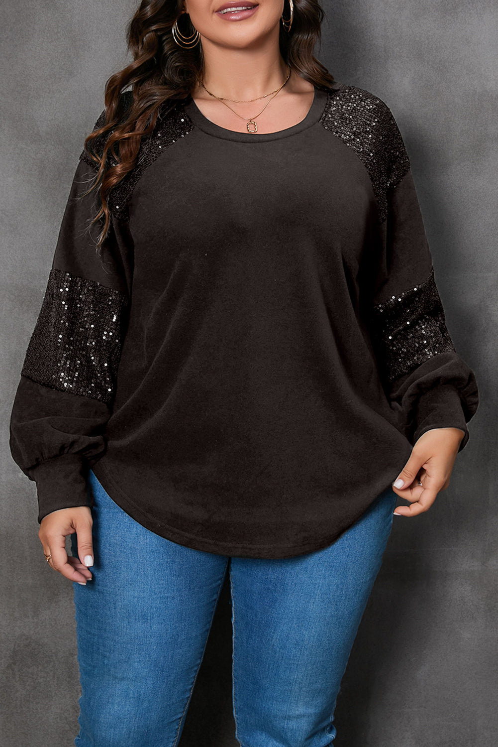 Black Plus Size Sequin Patchwork Crew Neck Long Sleeve Top