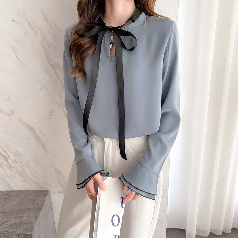 Women's Relaxed Style Chiffon Shirt With Bow Tie