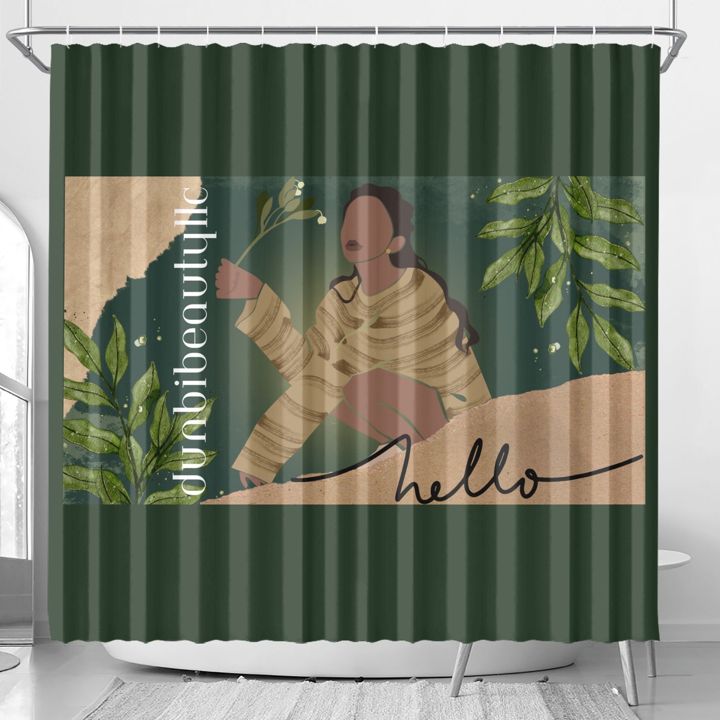 Shower Curtain Black Woman with Flowers, Green, Grace, Beauty, (Designed by Dunbi)