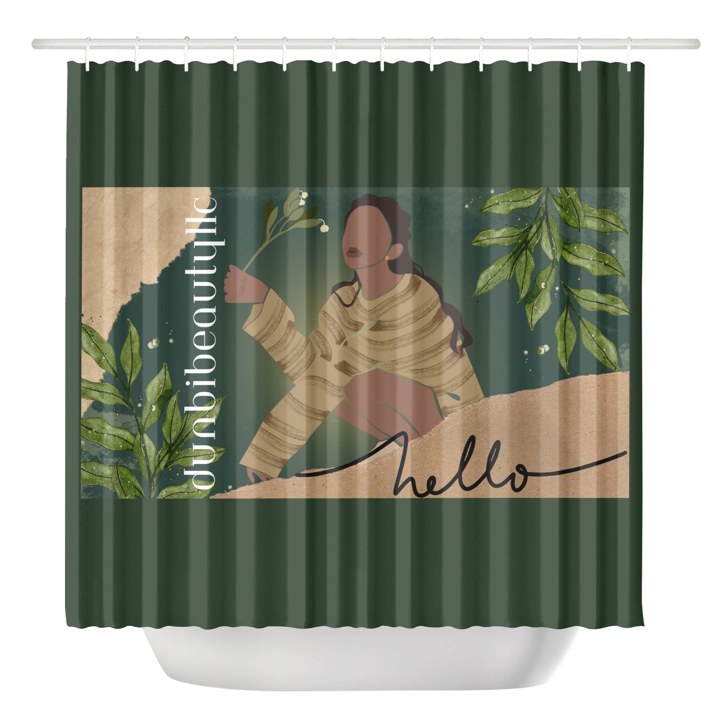 Shower Curtain Black Woman with Flowers, Green, Grace, Beauty, (Designed by Dunbi)