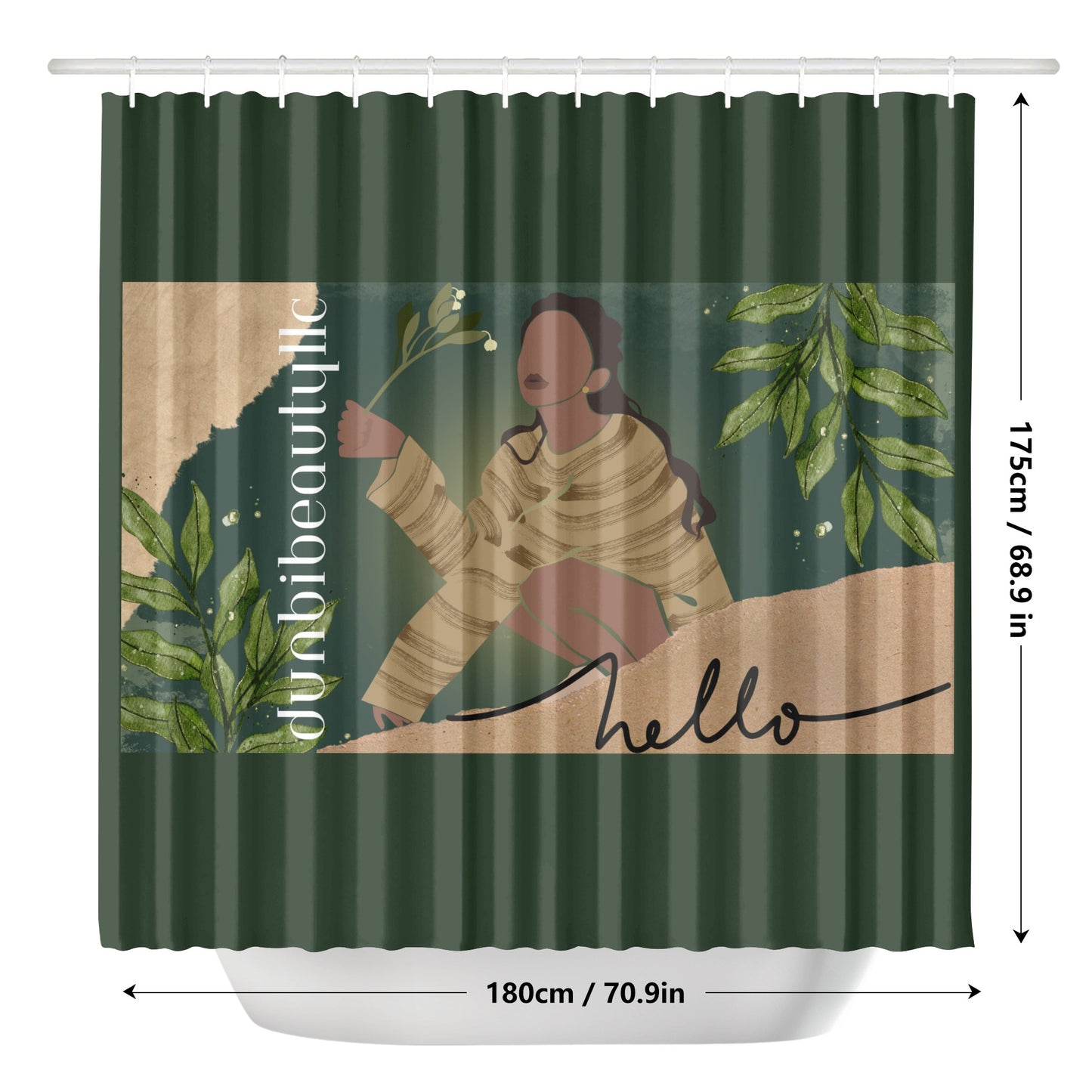 Shower Curtain Black Woman with Flowers, Green, Grace, Beauty, (Designed by Dunbi)