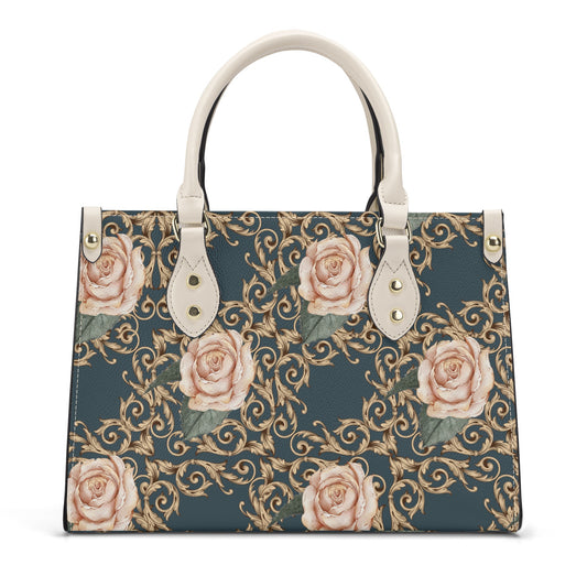 Luxury Women PU Tote Bag Baroque Vintage Style Rose in Deep Teal (Designed by Dunbi)