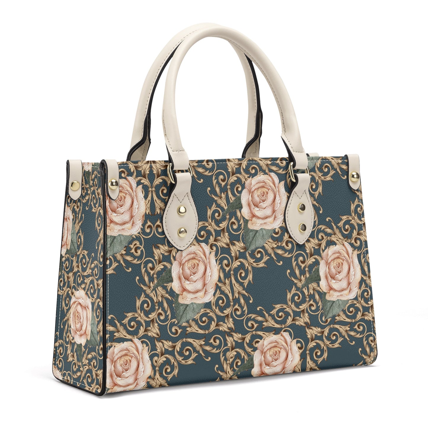 Luxury Women PU Tote Bag Baroque Vintage Style Rose in Deep Teal (Designed by Dunbi)