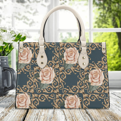 Luxury Women PU Tote Bag Baroque Vintage Style Rose in Deep Teal (Designed by Dunbi)