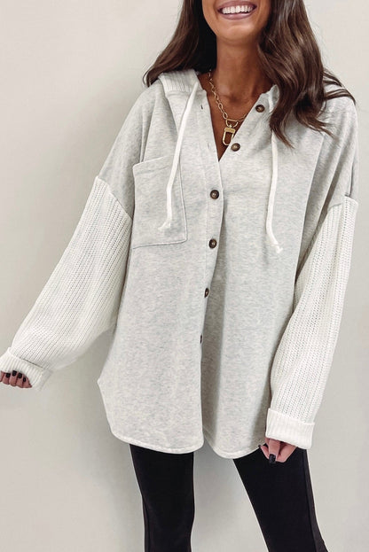 Gray Button Up Contrast Knitted Sleeves Hooded Jacket