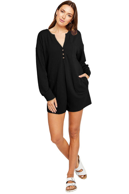 Khaki Casual Henley Button V Neck Pocketed Romper