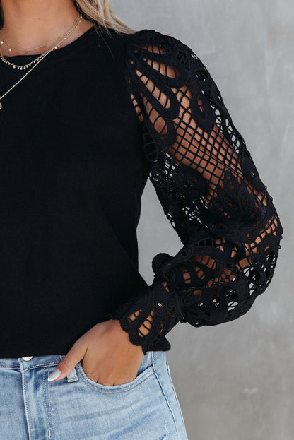 Black Elegant Crochet & Lace Sleeve Crew Neck Top