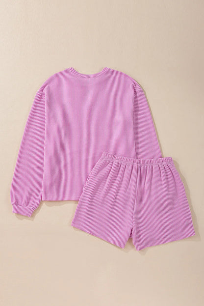 Round Neck Long Sleeve Top and Shorts Set