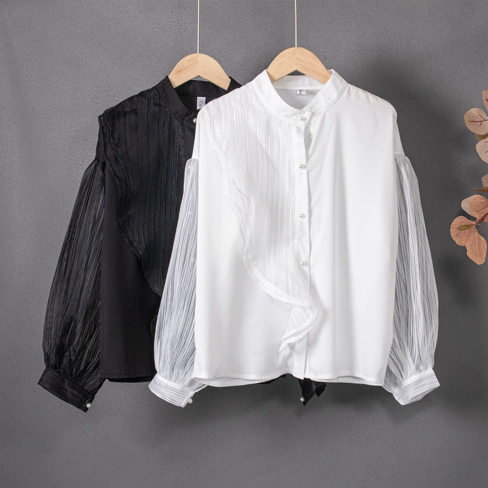 Women's Chic See-through Mesh Stand Collar Chiffon Shirt