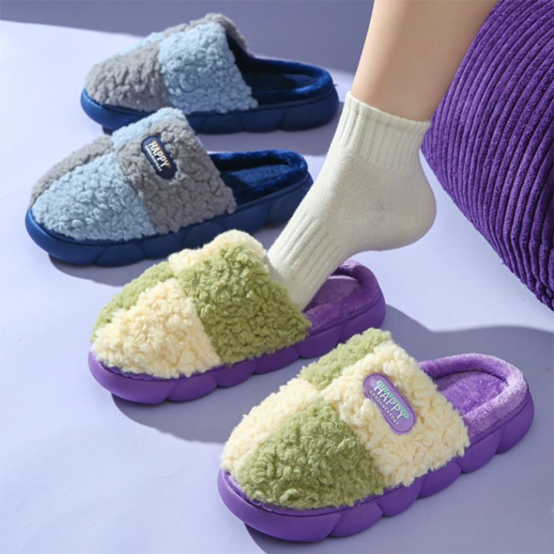 Color-matching Home Slippers Winter EVA Thick-soled Warm Plush Cotton Slippers Women Men Indoor Anti Slip House Shoes