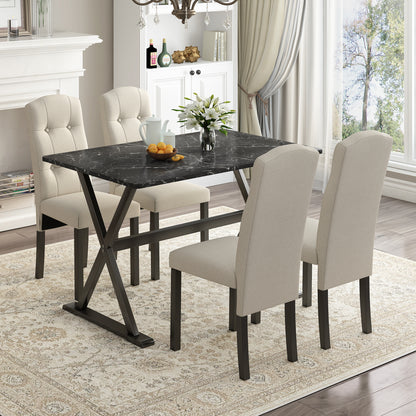 TOPMAX Solid Wood 5-Piece Dining Table Set with Faux Marble Tabletop and Upholstered Dining Chairs for 4, Faux Marble White+Beige