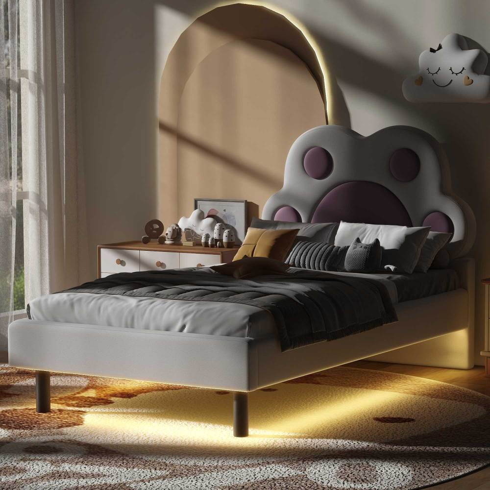 Twin Size Upholstered Platform Bed with Animal Paw Shaped Headboard and LED, Pink