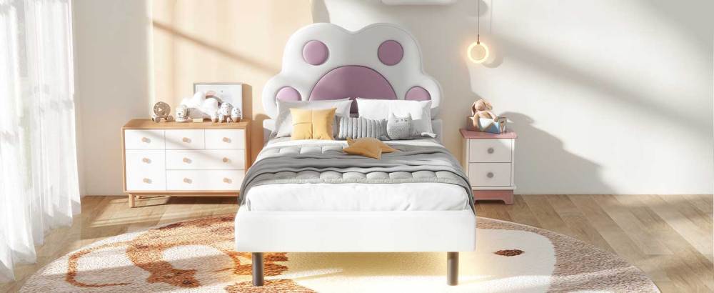 Twin Size Upholstered Platform Bed with Animal Paw Shaped Headboard and LED, Pink