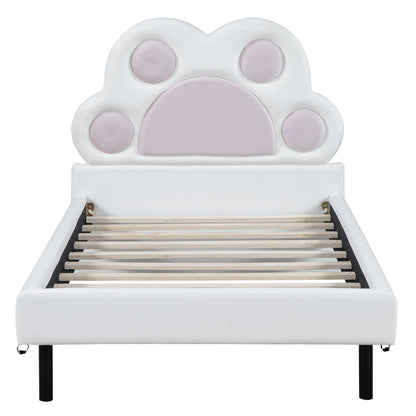 Twin Size Upholstered Platform Bed with Animal Paw Shaped Headboard and LED, Pink