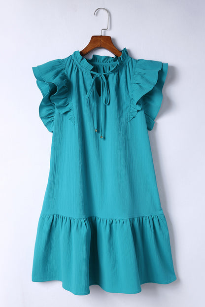 Green Tiered Ruffled Sleeves Mini Dress with Pockets