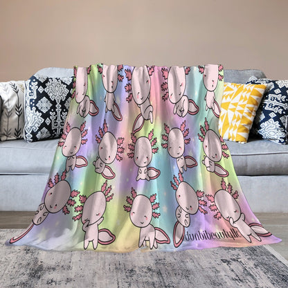 Ultra-Soft Flannel Blanket Multiple Sizes Axolotl, Pastel Rainbow, Cute, Kawaii, Aesthetic, Art, Pink, Blie, Yellow, Green, Purple (Designed by Dunbi)