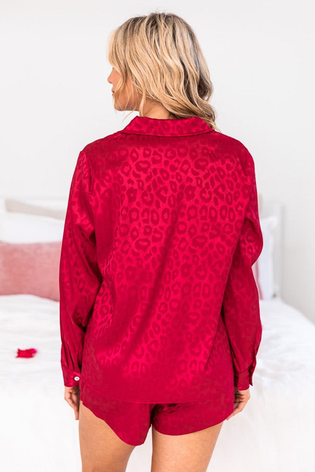 Red 2pcs Satin Leopard Long Sleeve Top and Shorts Lounge Set