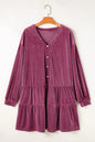 Plus Size Textured Velvet Decorative Button Long Sleeve Dress