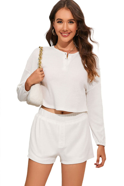 White Waffle Knit Buttoned Long Sleeve Crop and Shorts Lounge Set