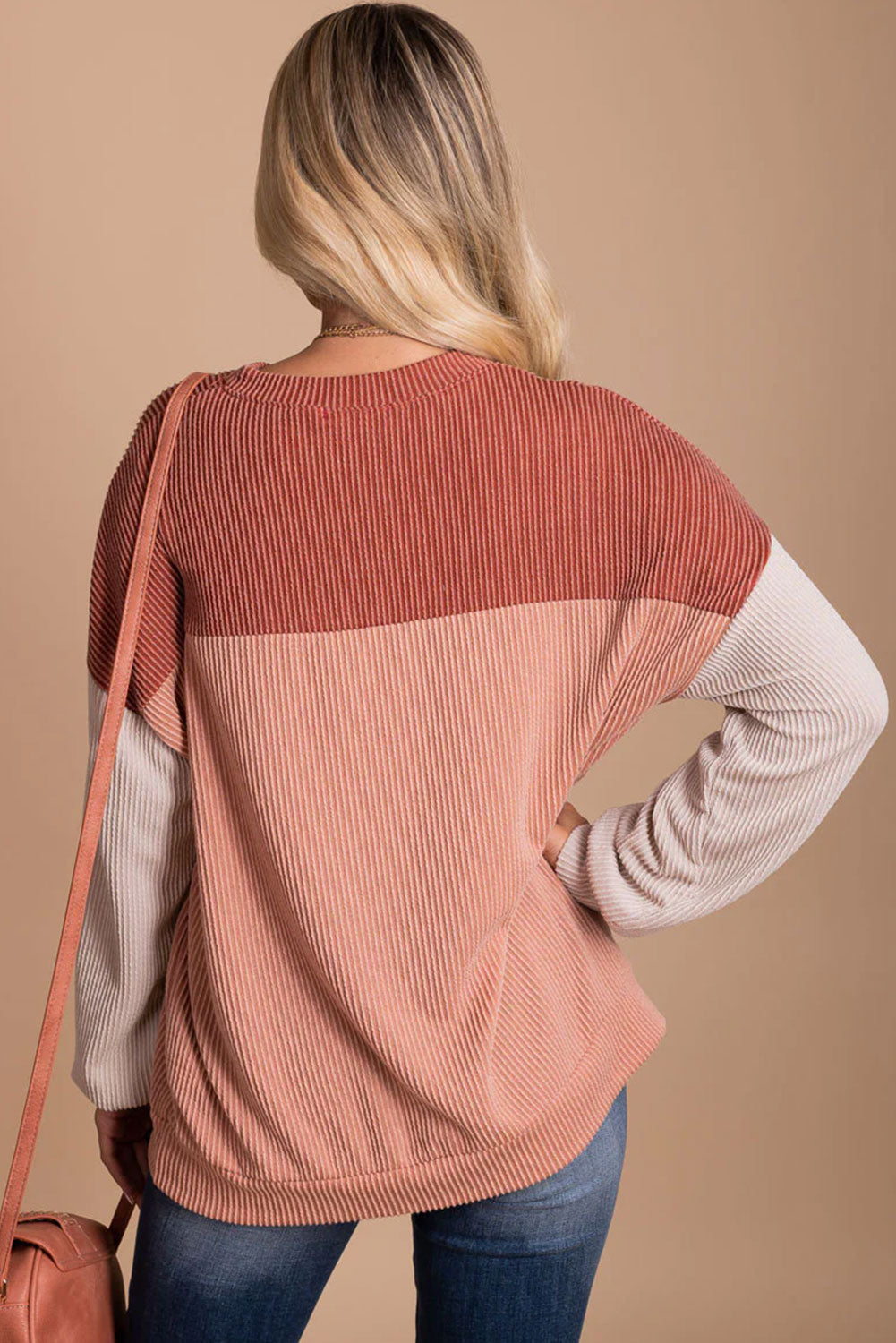 Red Color Block Cording Loose Long Sleeve Top