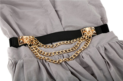 Elastic Dress Belt For Women Rivet Metal Gold Chain Waistband Ladies Leather Female Luxury Brand Waist Punk Belt For Dresses 115