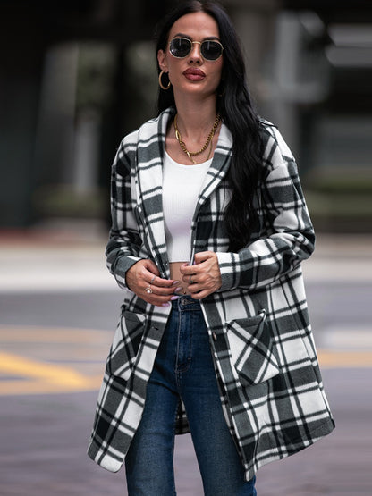 Shiny Plaid Shawl Collar Coat with Pockets