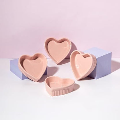 Paris Hilton Heart Shaped Ramekin Set, Mini Ceramic Ramekins, Oven Safe Baking Dishes, Dishwasher Safe, Stoneware Made without PFOA, 4-Piece Set, Pink