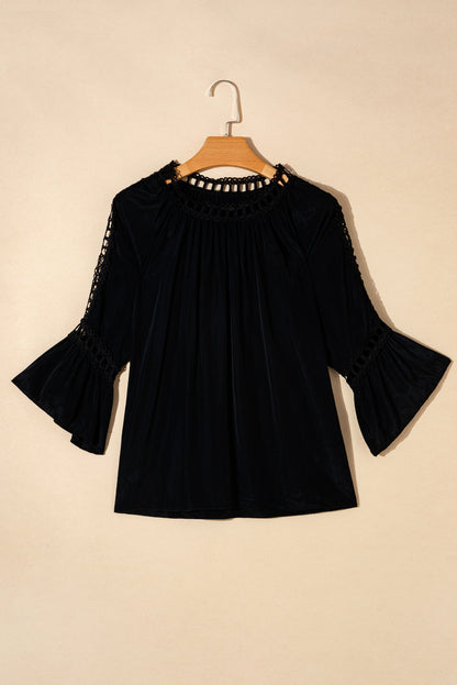 Black Lace Crochet Cut-Out Bracelet Sleeve Ruffle Blouse