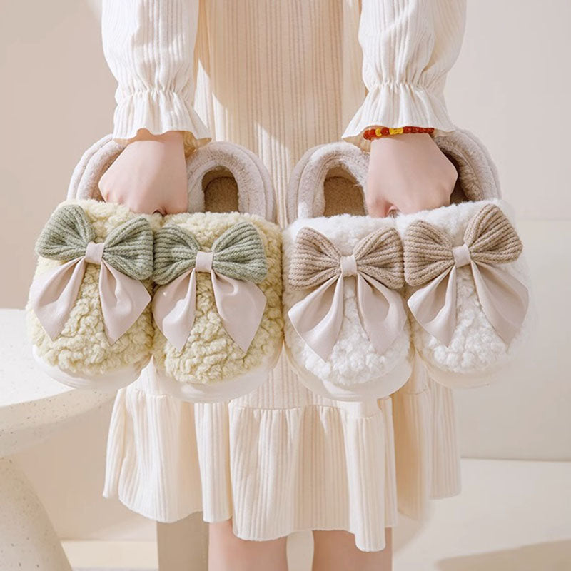 Big Bow-knot Fluffy Slippers Winter Warm Covered Heel Cotton Shoes Fashion Thick-soled Platform Slippers Indoor And Outdoor Garden Walking Shoes