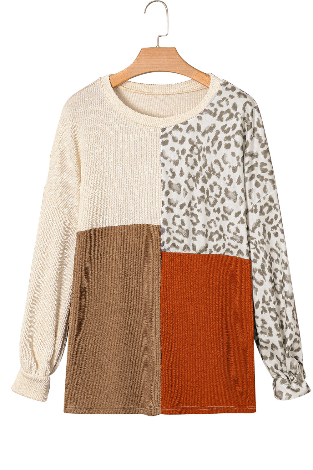 Khaki Ribbed Color Block Leopard Splicing Plus Size Top