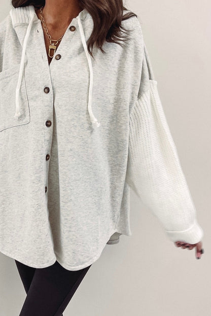 Gray Button Up Contrast Knitted Sleeves Hooded Jacket