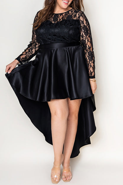 Black Plus Size Sheer Lace Splice High Low Satin Dress