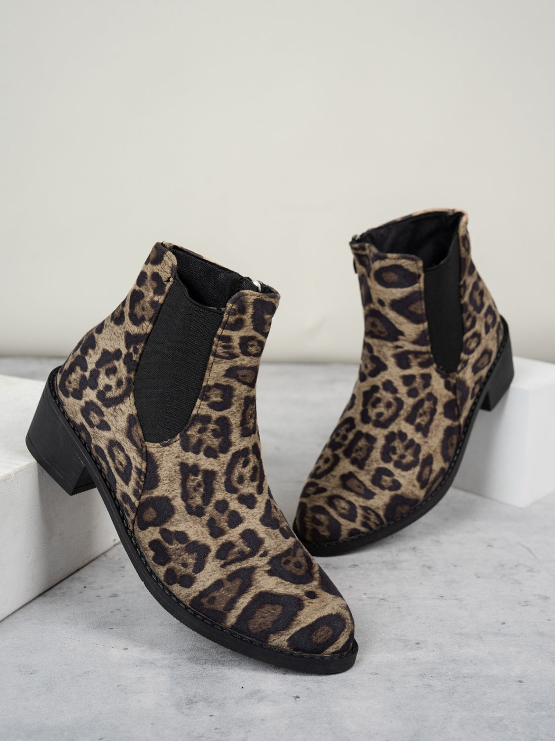 Leopard Point Toe Block Heel Boots