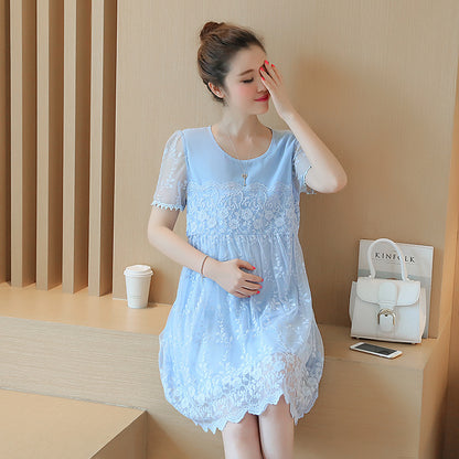 Summer new maternity dress Korean shirt lace crochet flower maternity dress long pregnant women dress