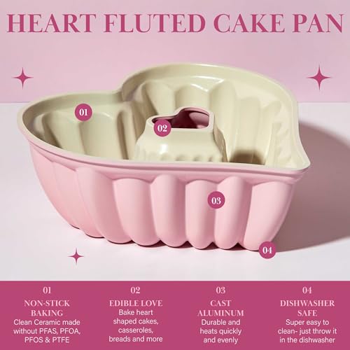 Paris Hilton Heart Shaped Fluted Cake Pan, Cast Aluminum with Clean Ceramic Nonstick Bakeware, Dishwasher Safe, Made without PFAS, PFOA, PFOS & PFTE, 9-Inch, Pink