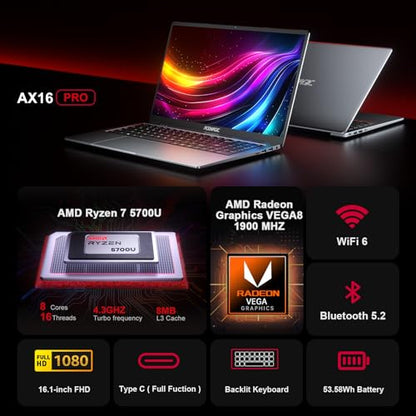 ACEMAGIC 2024 Newest Gaming Laptop, 16.1-inch FHD Display Laptop with AMD Ryzen 7 5700U Processor(8C/16T) with Backlit Keyboard,16GB RAM 512GB M.2 2280 NVMe SSD Laptop Computer,Type-C USB3.2