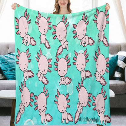 Ultra-Soft Flannel Blanket Multiple Sizes Axolotl, Underwater, Cute, Kawaii, Aesthetic, Art, Pink, Blue, Bubbles (Designed by Dunbi)