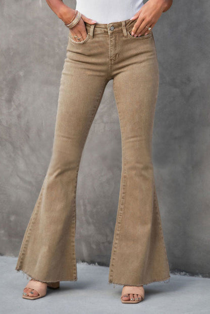 Khaki Basic Raw Hem High Waist Flare Jeans